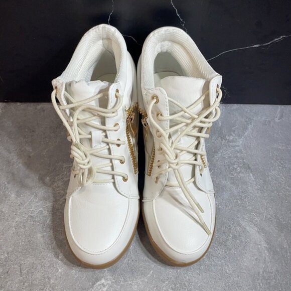 🤍 Girls White Leatherette Wedge Sneakers | Side Zip Lace-Up Hidden Heel Shoes - Picture 6 of 6